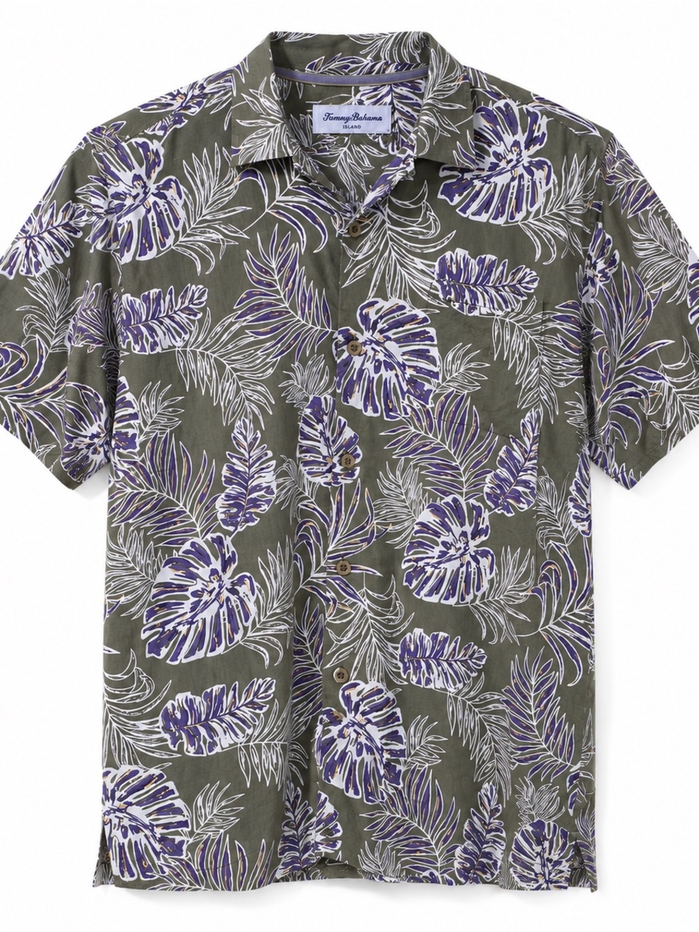 Tommy Bahama Tropical Print Short Sleeve Shirt - Olive with Purple Floral L